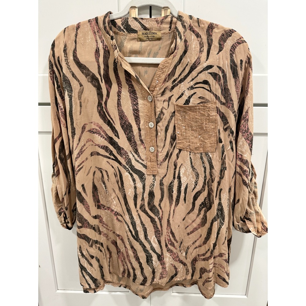 Marisima Made in Italy Animal Print Sequin Pocket Henley Blouse One Size
